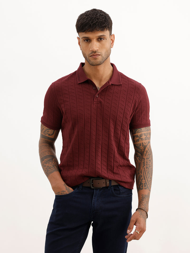 Textured Slim Fit Polo T-Shirt | Wine