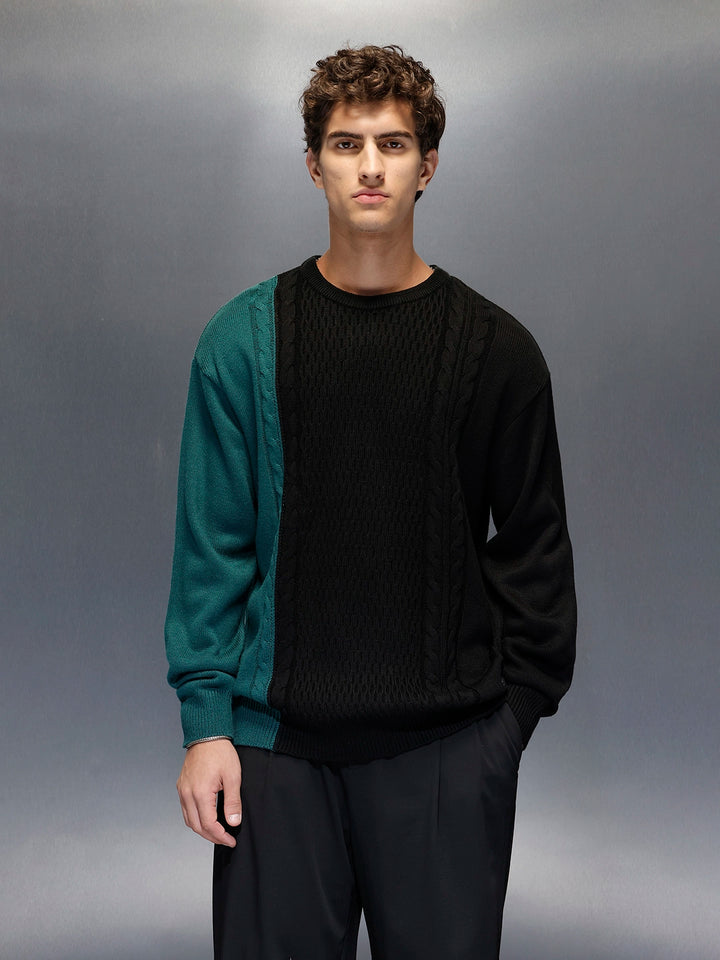 Men's Slim Fit Cable Knit Colorblocked Sweater  |  Black