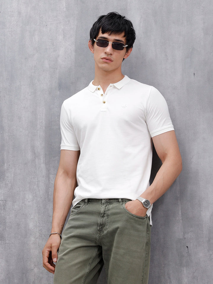 Casual Slim Fit Solid Polo T-Shirt | White