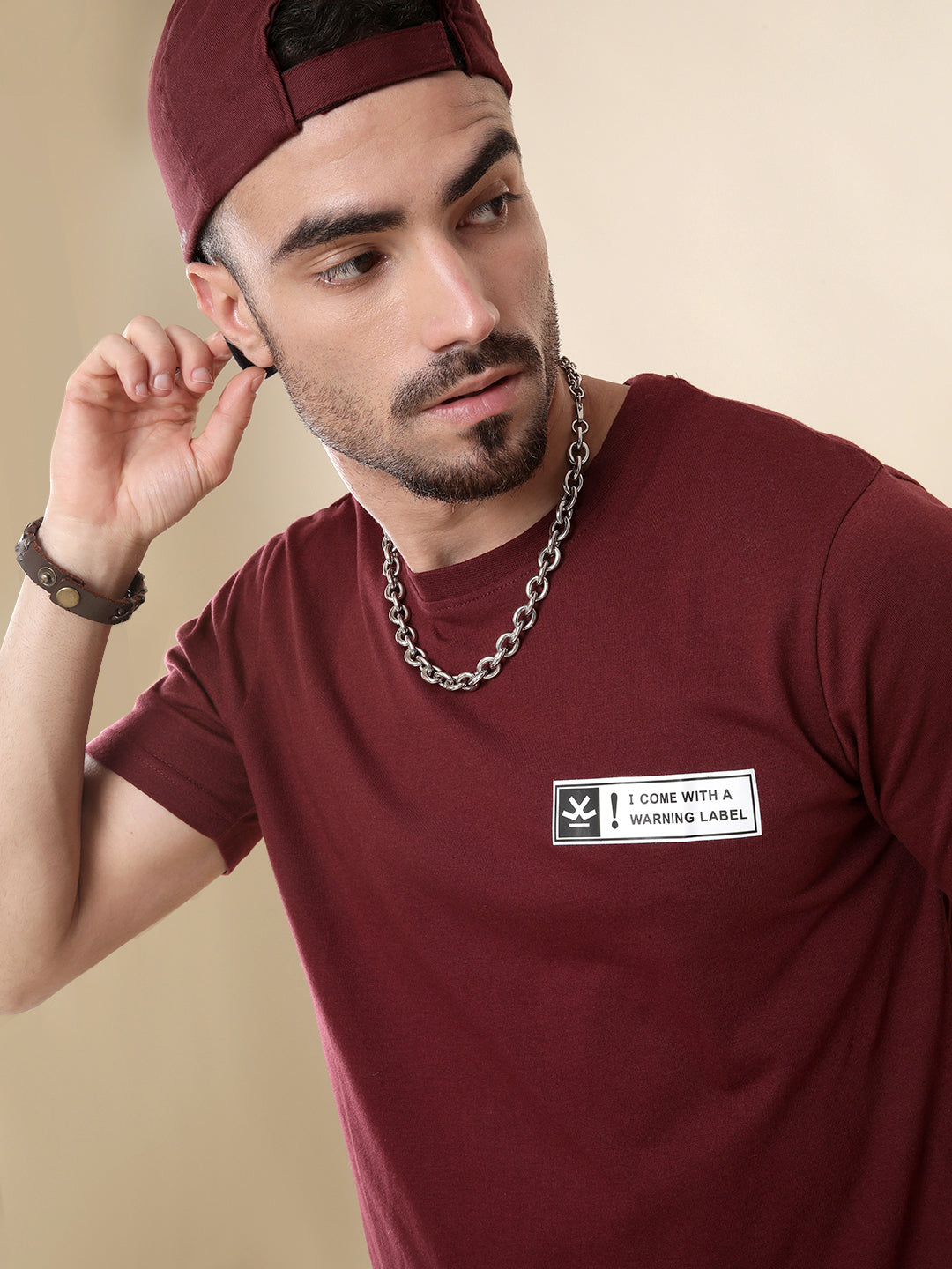 Warning Label Printed Maroon T-Shirt