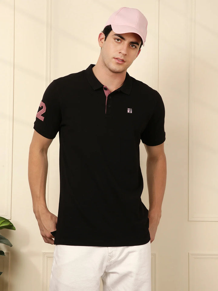 Sporty Black Regular Fit Polo T-Shirt