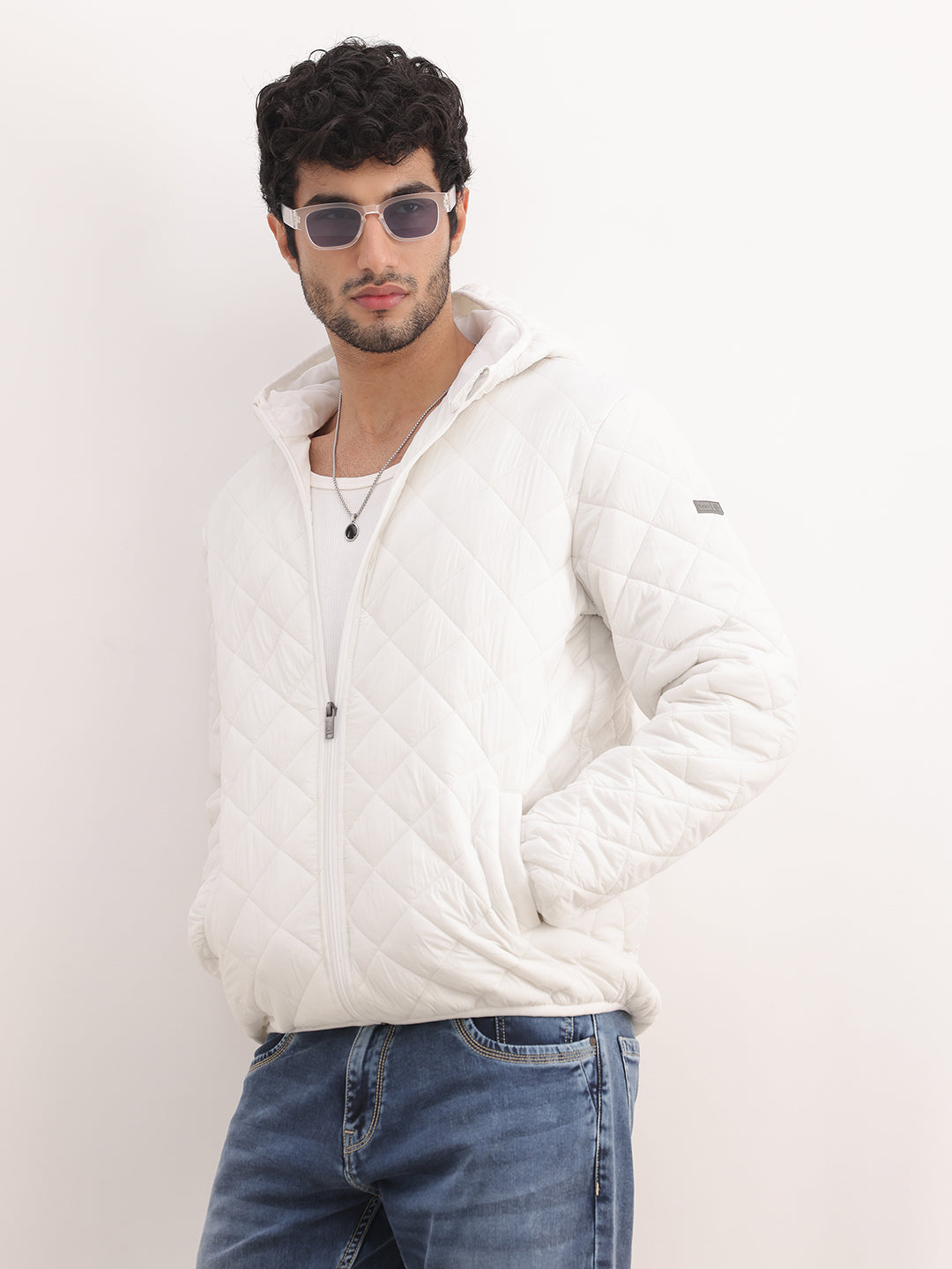 Solid Regular Fit Hooded Puffer Jacket | White