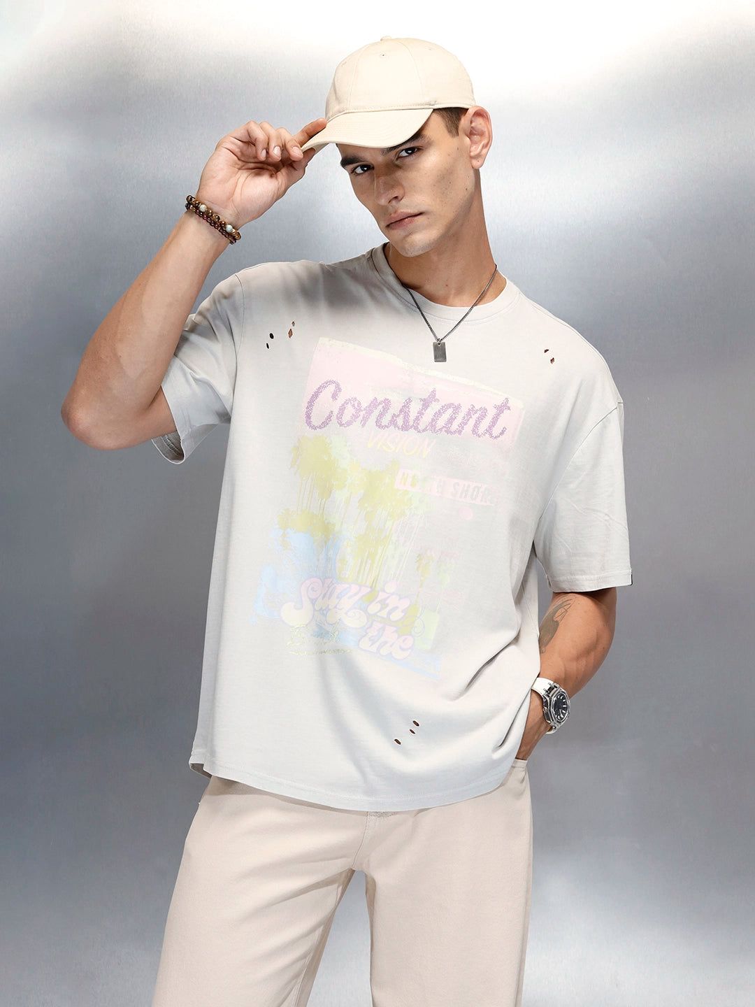 Washed Men's Casual Graphic Printed Oevrsized Fit T-Shirt | Grey