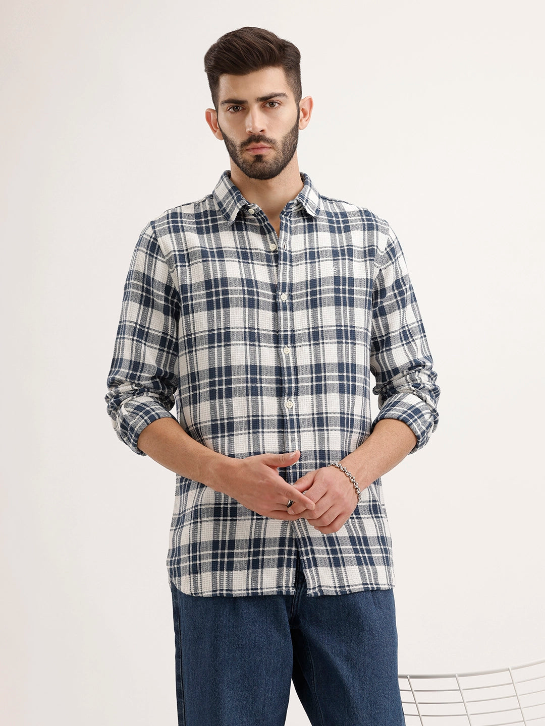 Textured Regular Fit Checkered Shirt | Blue