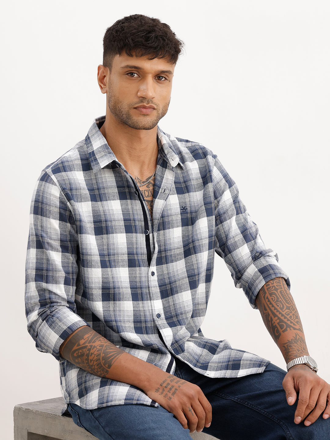 Classic Slim Fit Checkered Shirt | Navy Blue