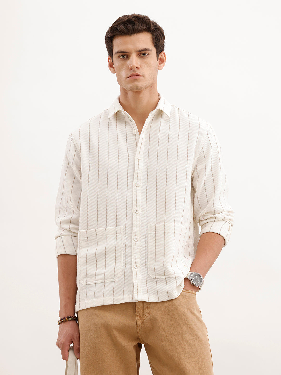 Comfort Fit Textured Striped Shirt  | Off White