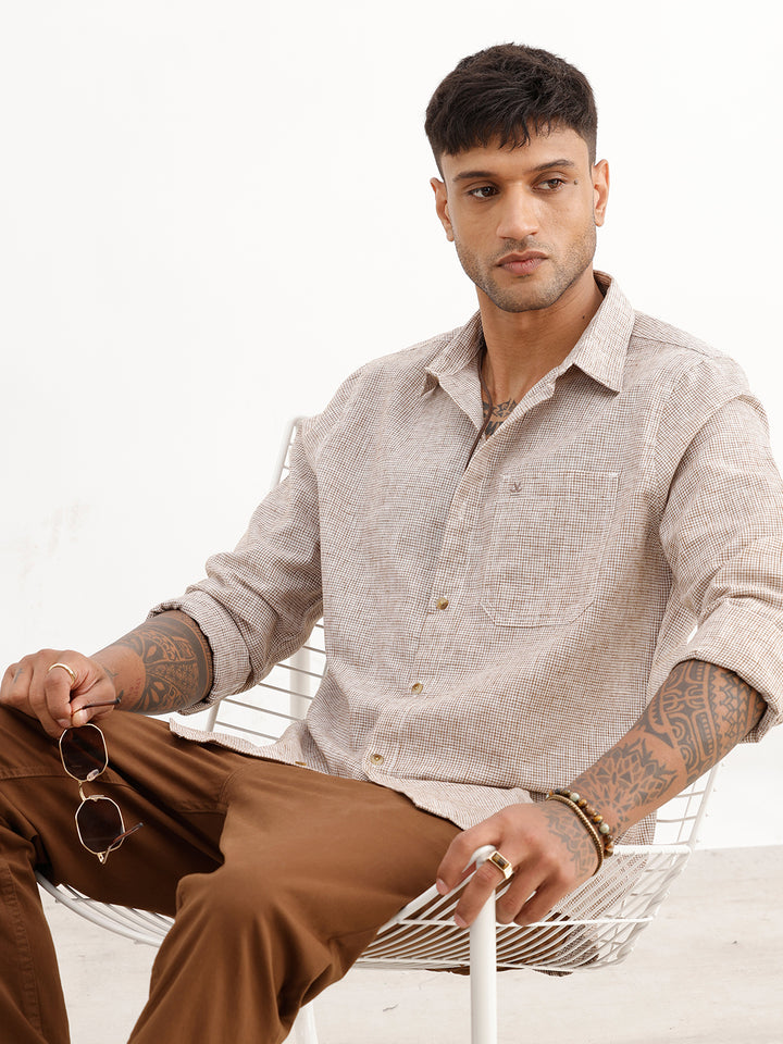 Slim Fit Checkered AOP Shirt | Brown