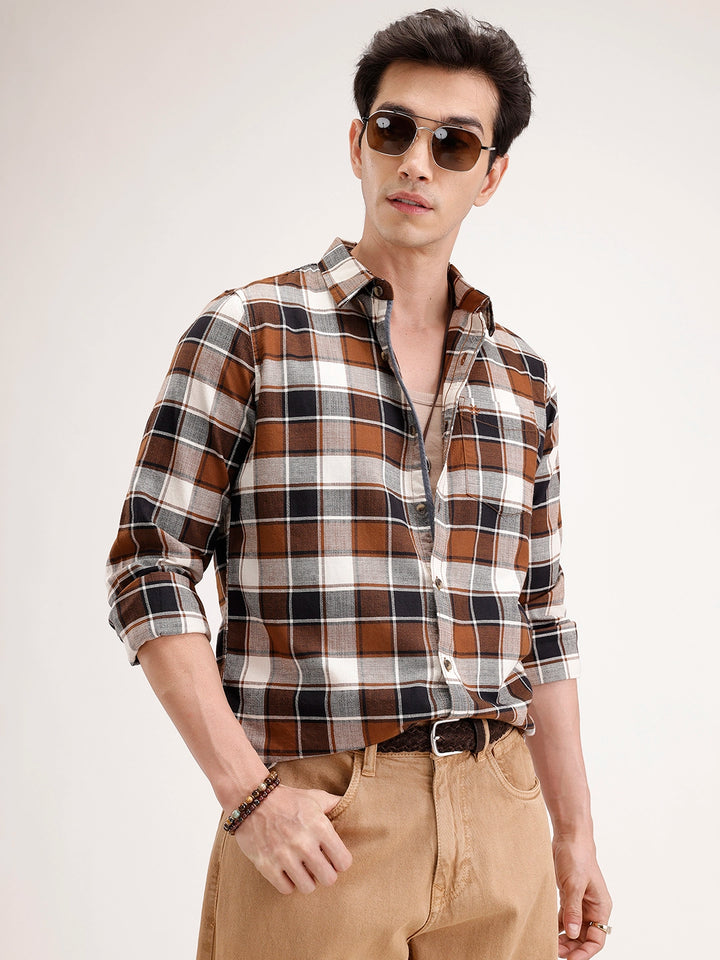Slim Fit Checkered Shirt | Brown