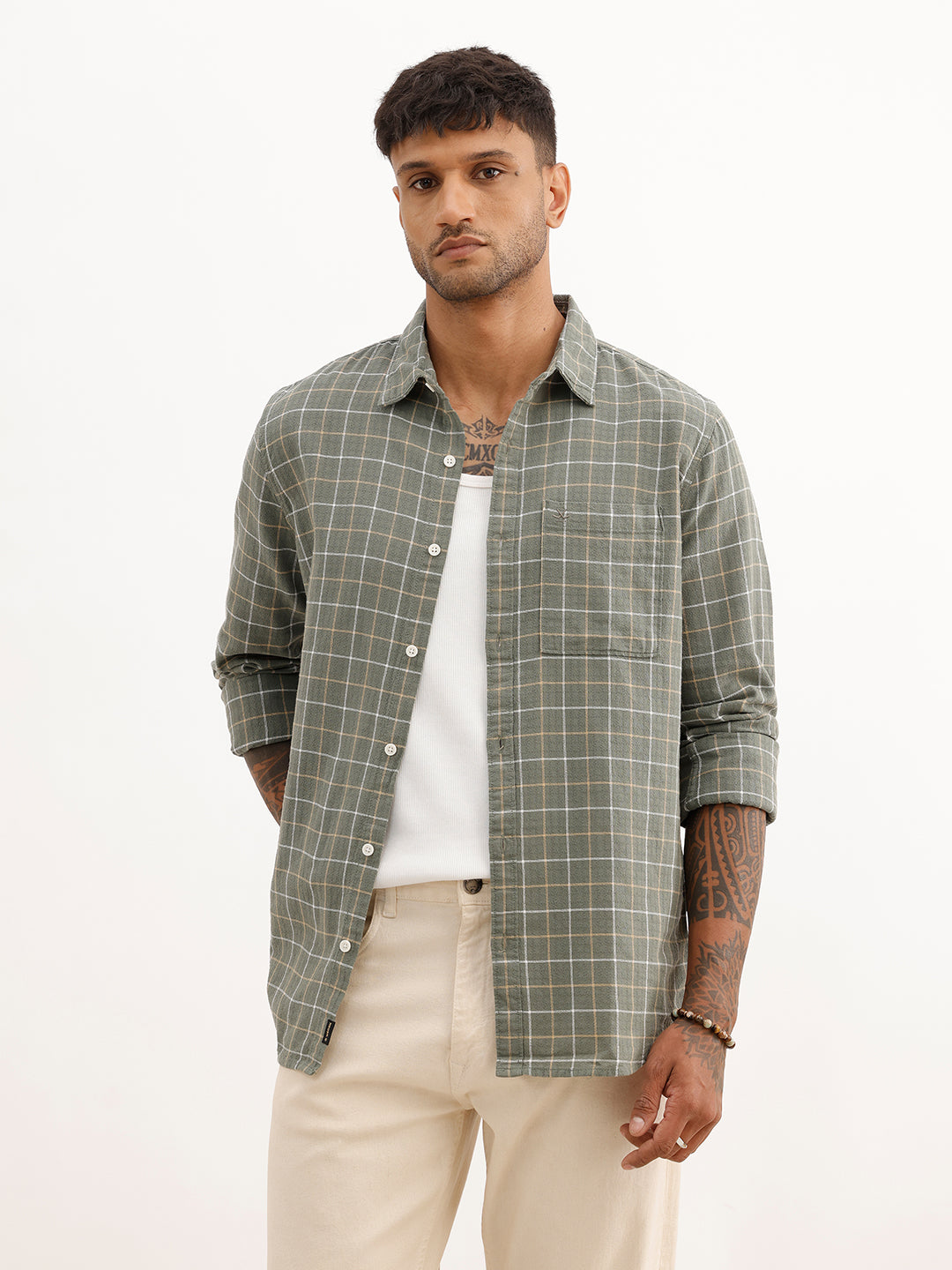 Checkered Slim Fit Full Sleeve Shirt | Olive | WSH02FSSL7018W