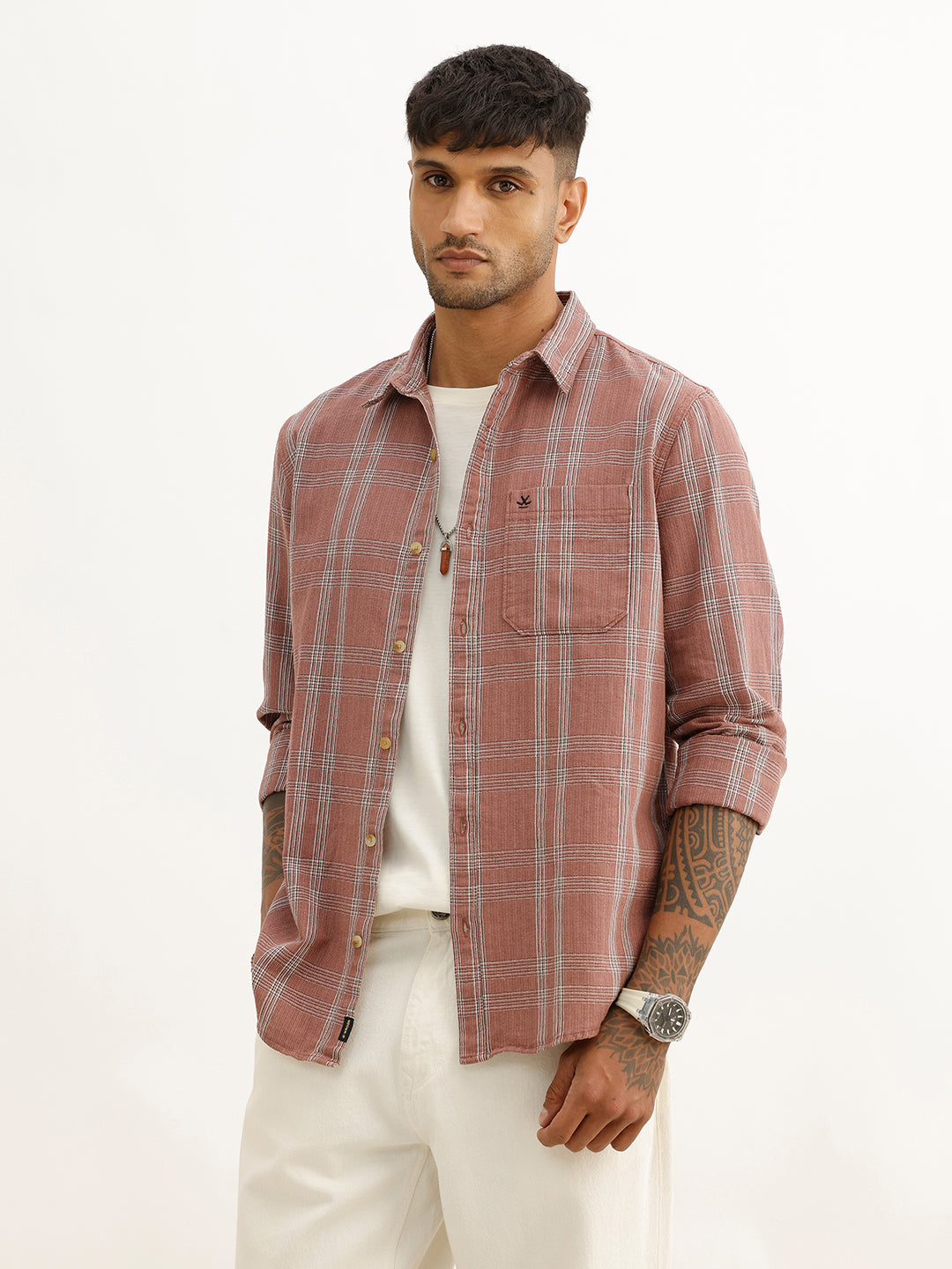 Slim Fit Checkered Full Sleeve Shirt | Rust