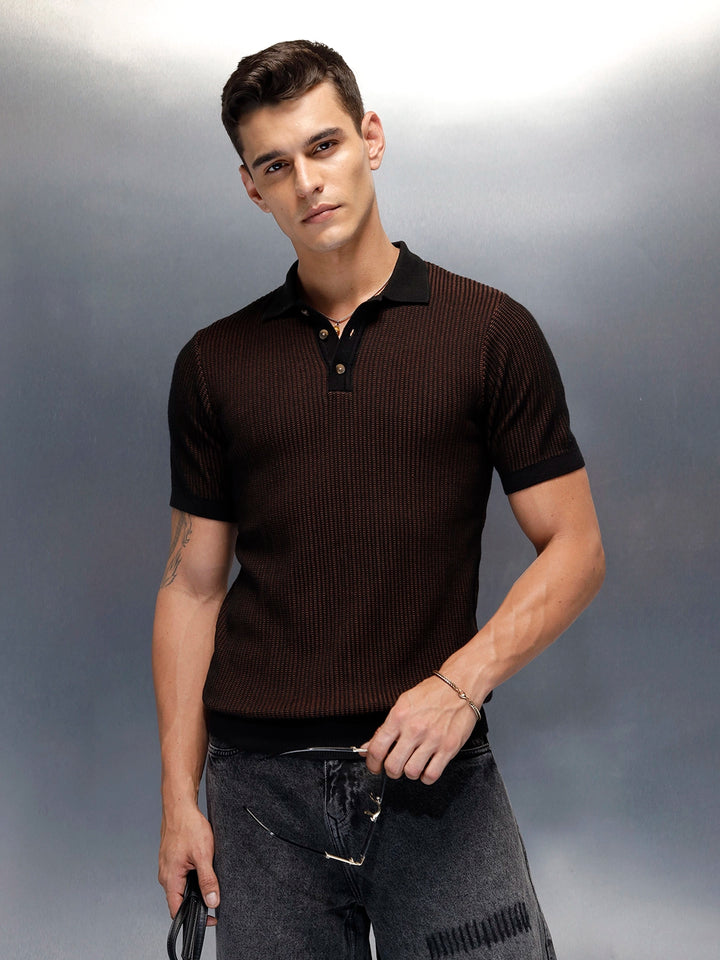 Textured Knit slim fit Polo T-shirt | Brown