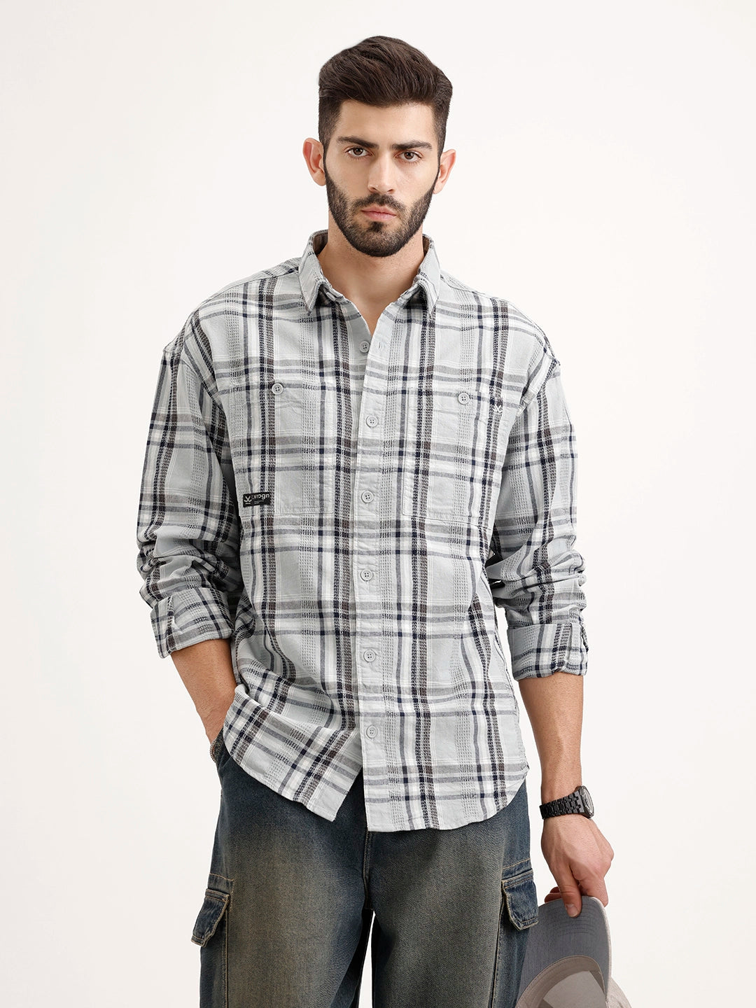 Textured Oversized Fit Double Pocket Shirt | Grey