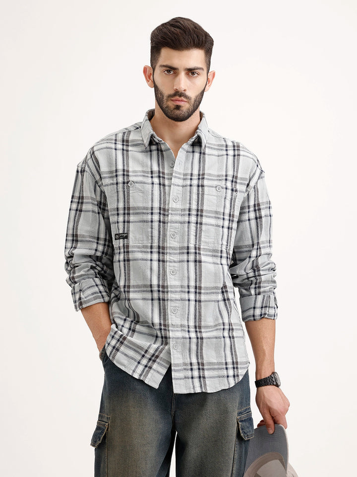 Textured Oversized Fit Double Pocket Shirt | Grey
