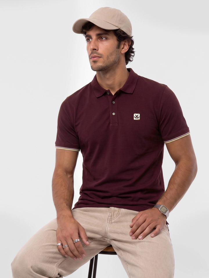 Slim Fit Contrast Sleeve Polo T-Shirt | Maroon
