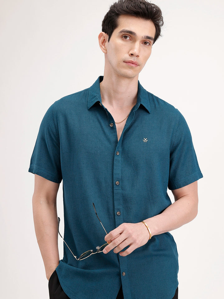 Slim Fit Linen Blend Shirt | Teal