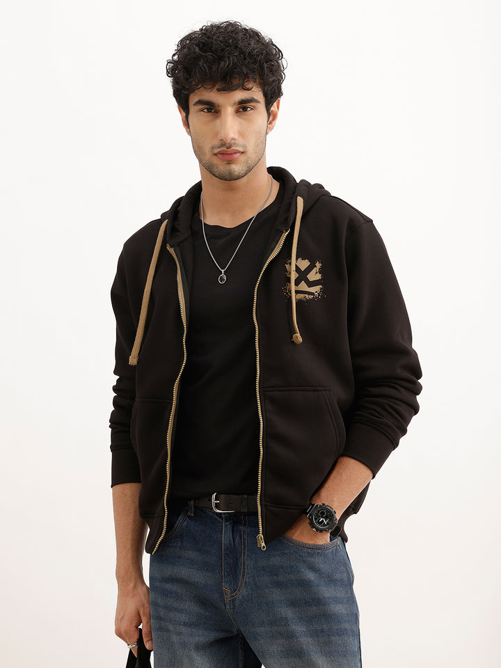 Classic Printed Zipper Hooded Sweatshirt | Black