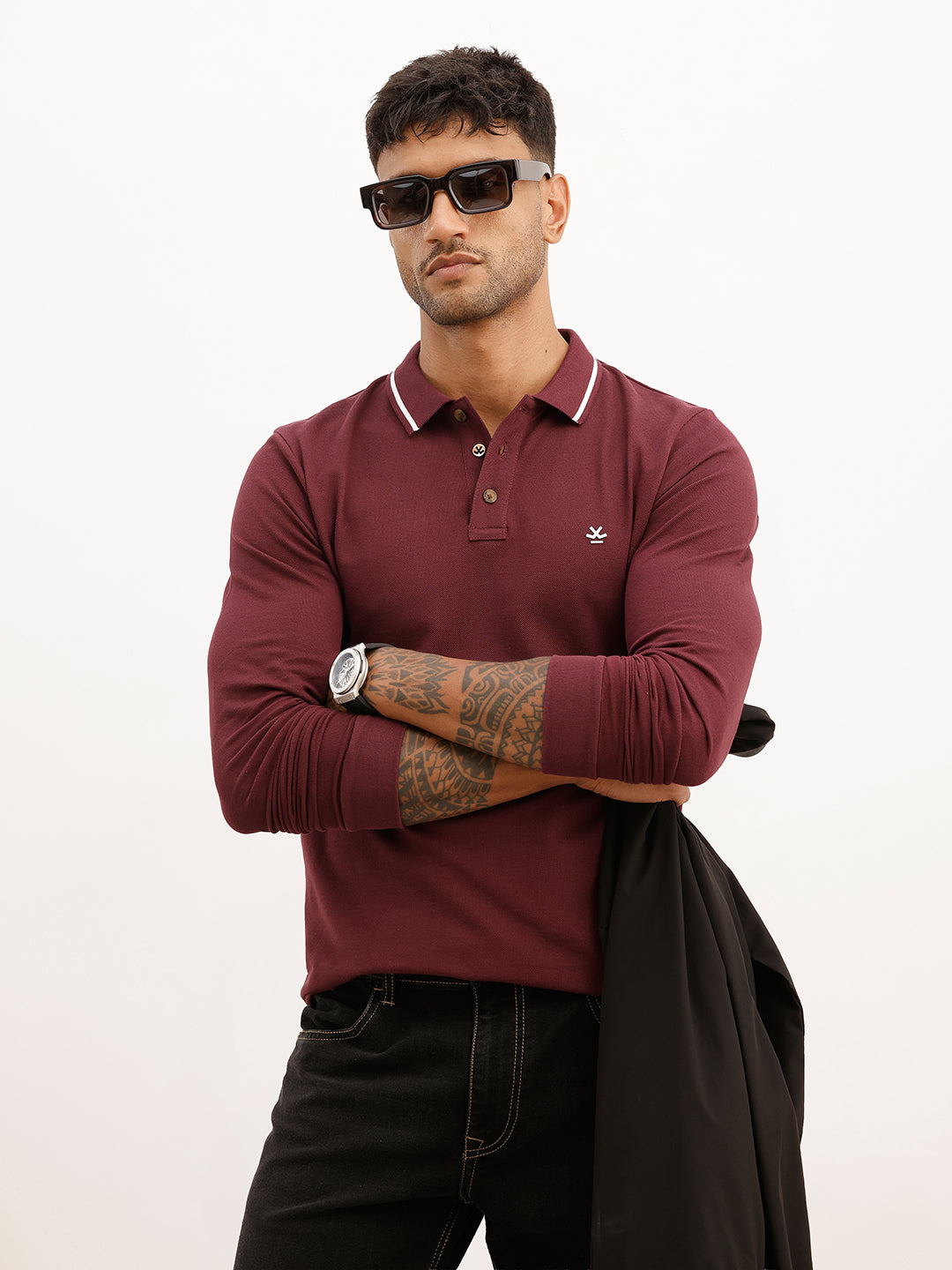 Slim Fit Full Sleeve Tipping Collar Polo T-Shirt | Maroon | WKTS3323