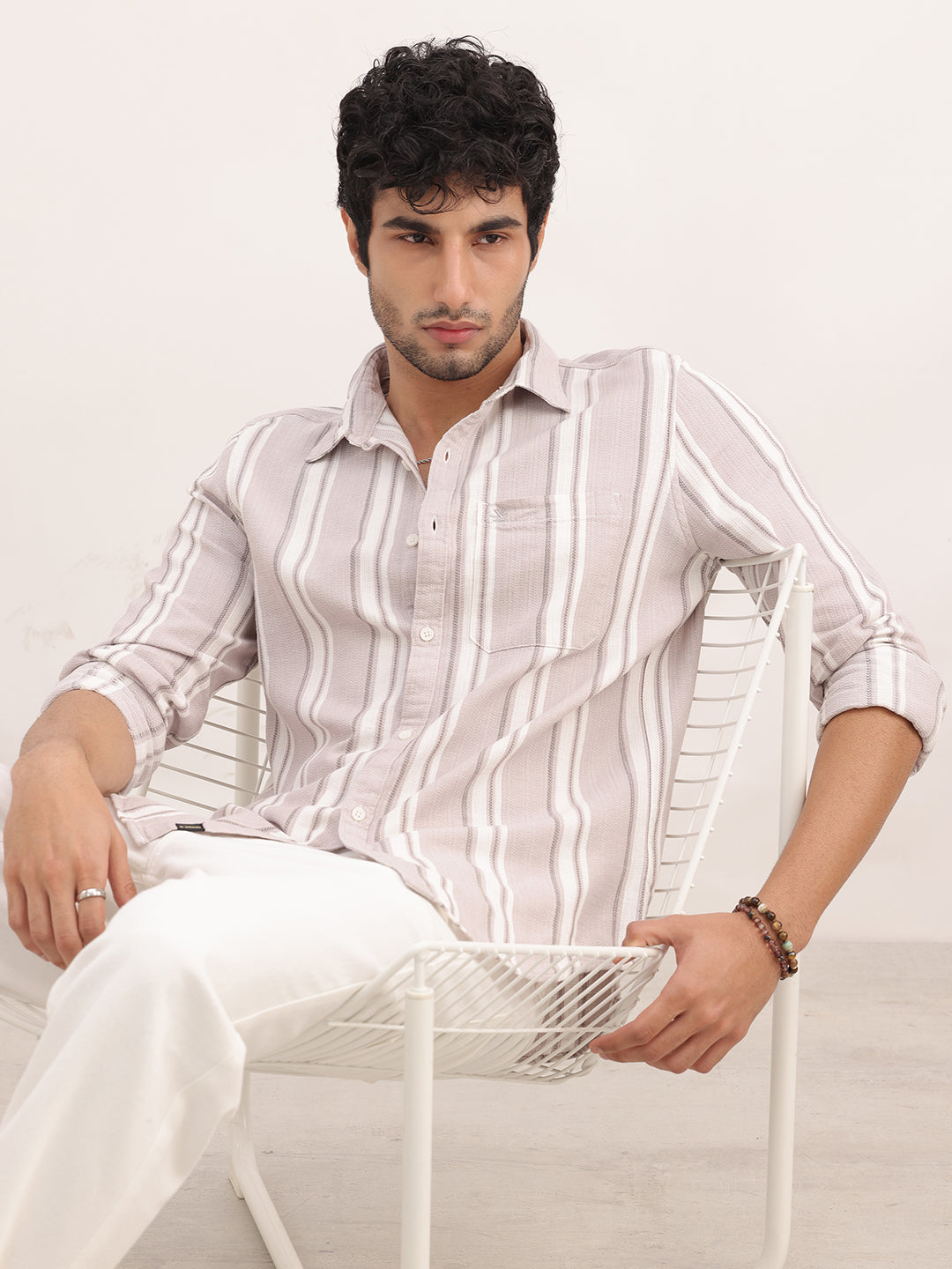 Slim Fit Textured Stripe Shirt | Light Brown