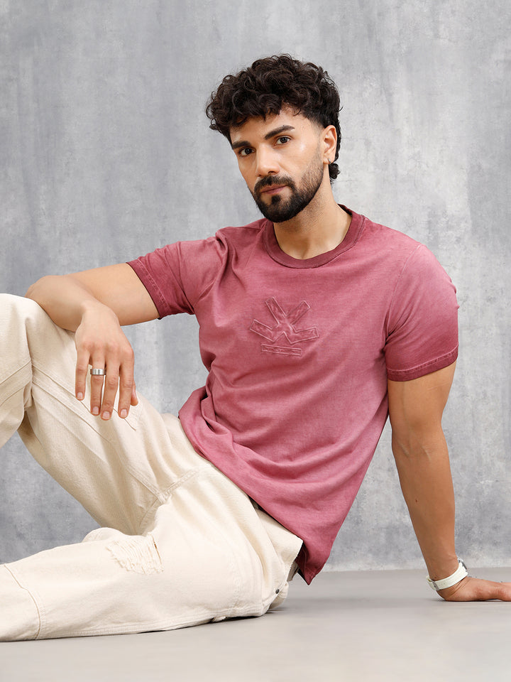 Grunge Pigment Washed T-Shirt With Logo Appliqué On Chest | Maroon