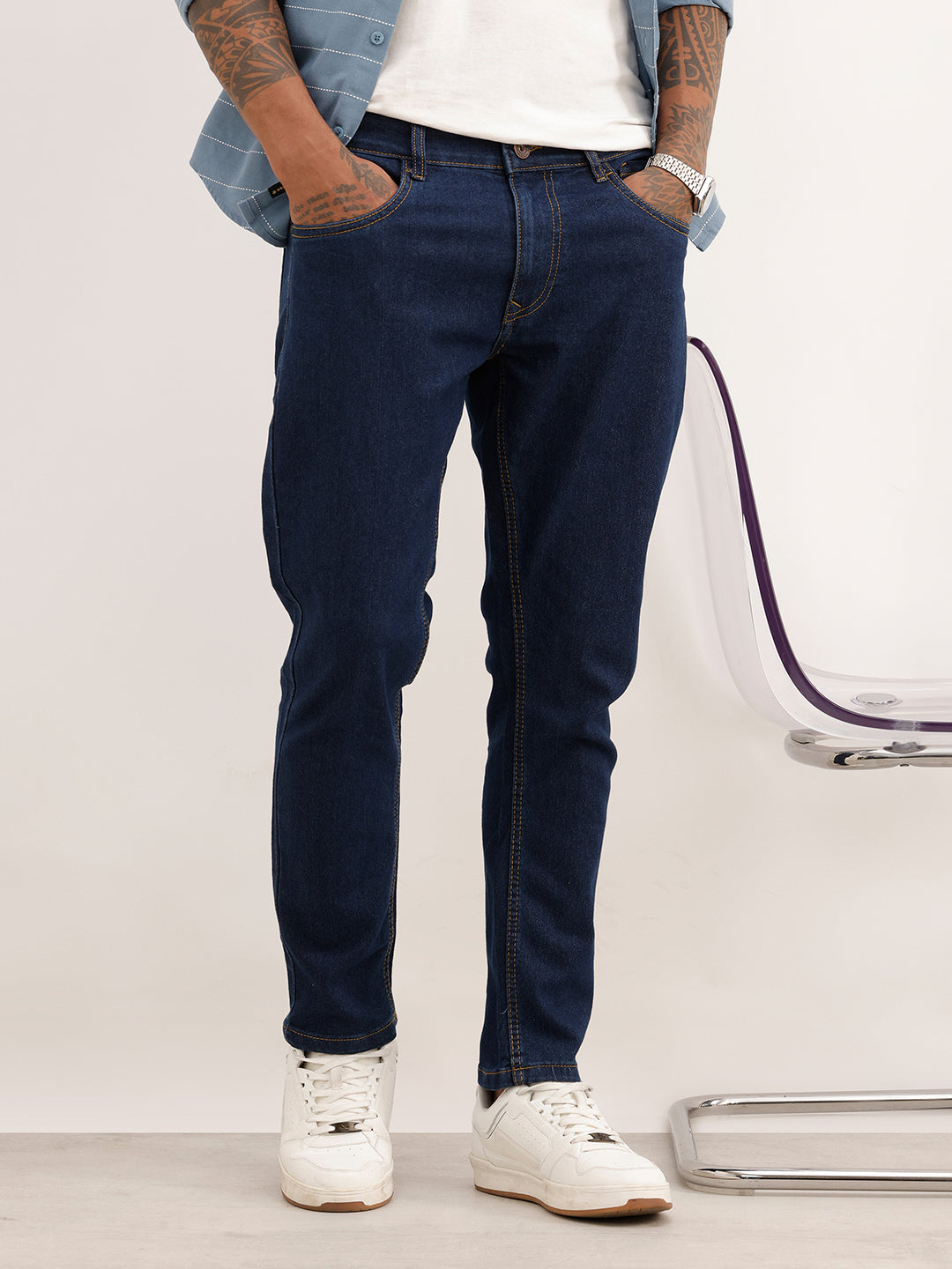 Solid Slim Crop Fit Denim Jeans | Dark Blue