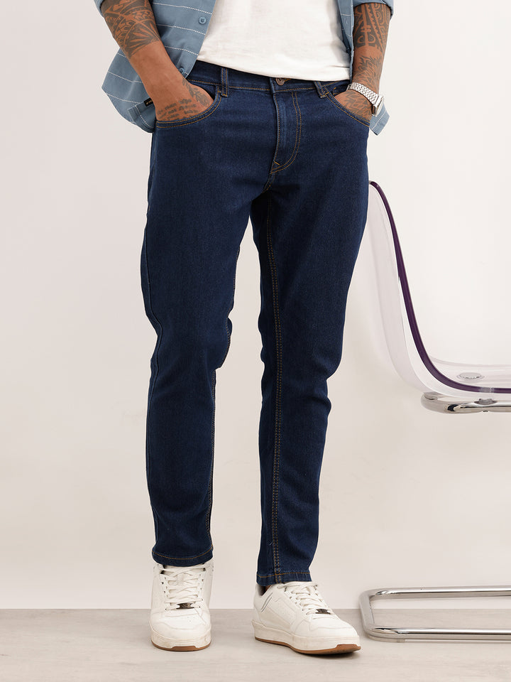 Solid Slim Crop Fit Denim Jeans | Dark Blue
