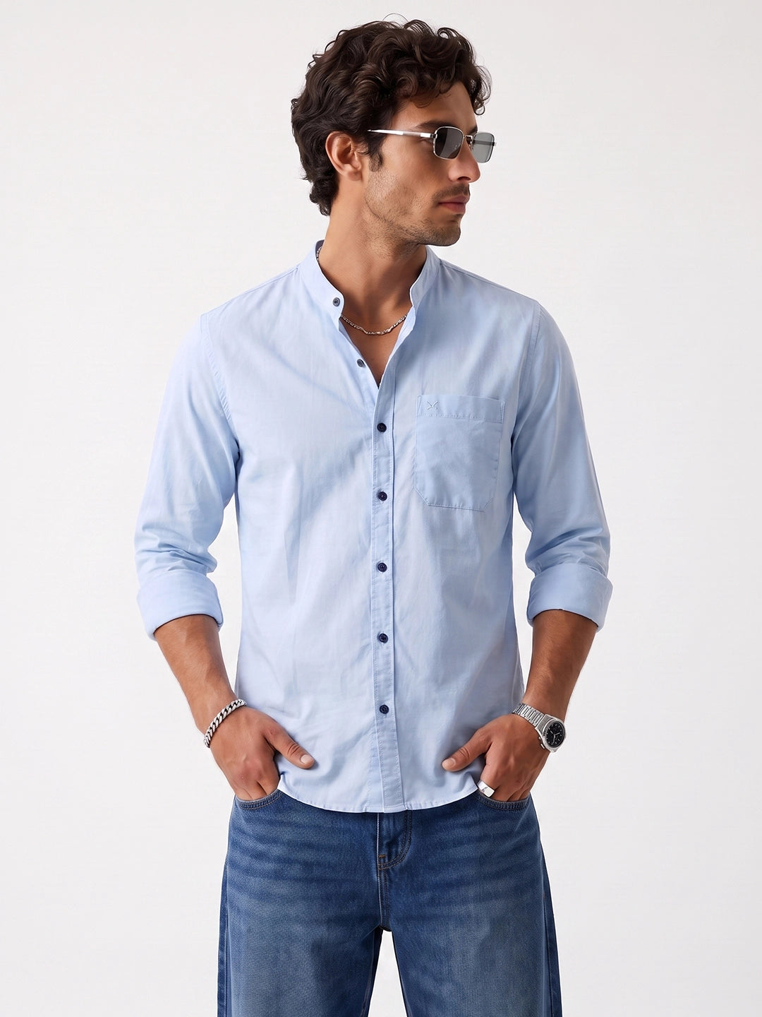 Solid Slim Fit Mandrin Collar Shirt | Blue