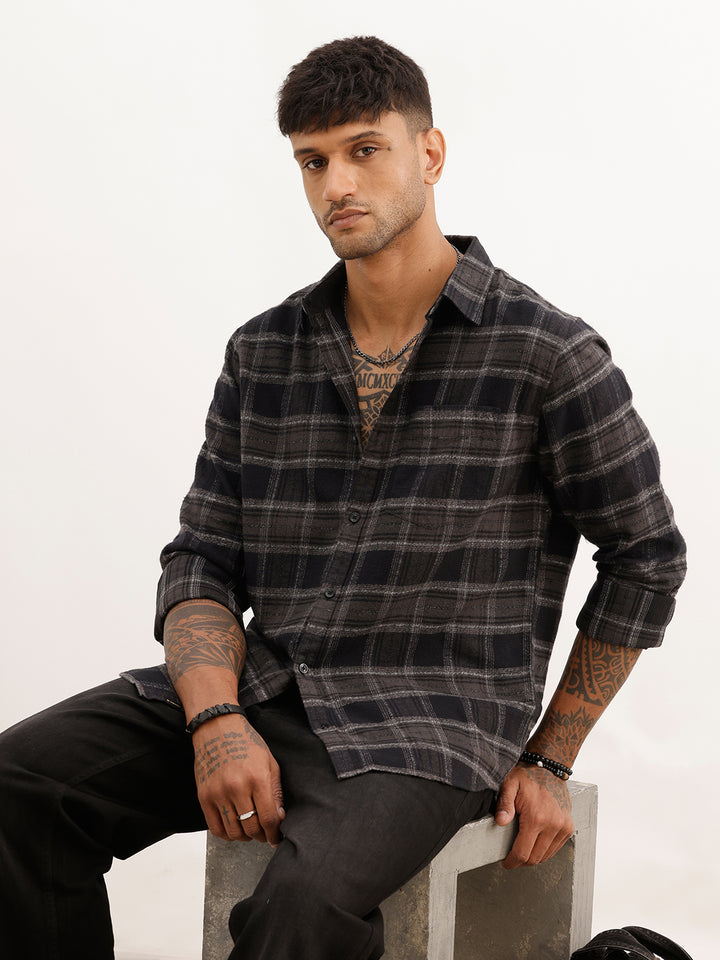 Checkered Slim Fit Full Sleeve Shirt | Black