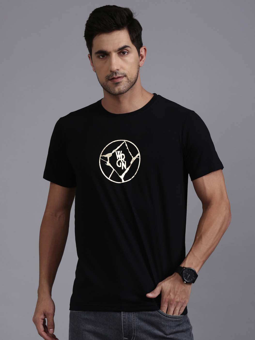 Wrogn Printed Black Crew Neck T-Shirt