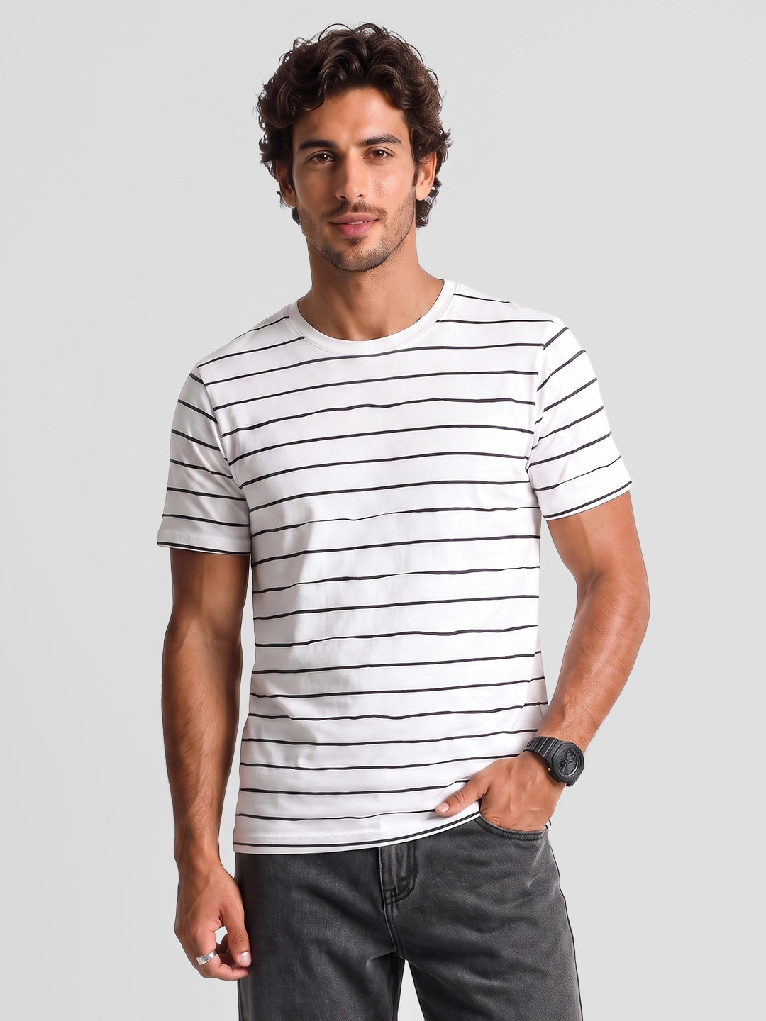 Classic Slim Fit Striped Shirt | Off White | WKTS0444