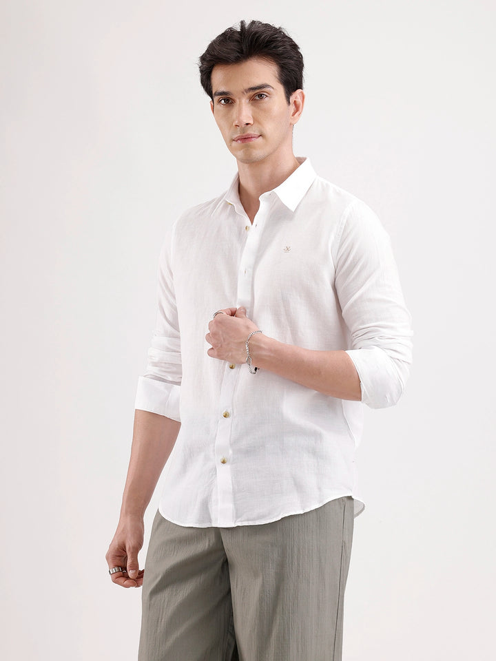Solid Slim Fit Linen Blend Shirt  | White