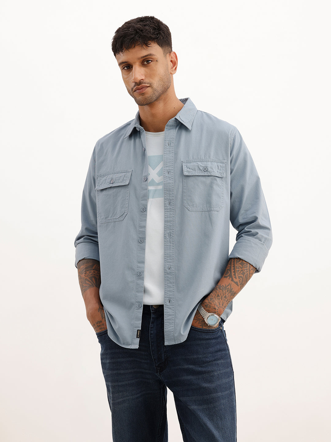 Classic Slim Fit Double Pocket Shirt | Light Blue | WSH01FSSL7132W