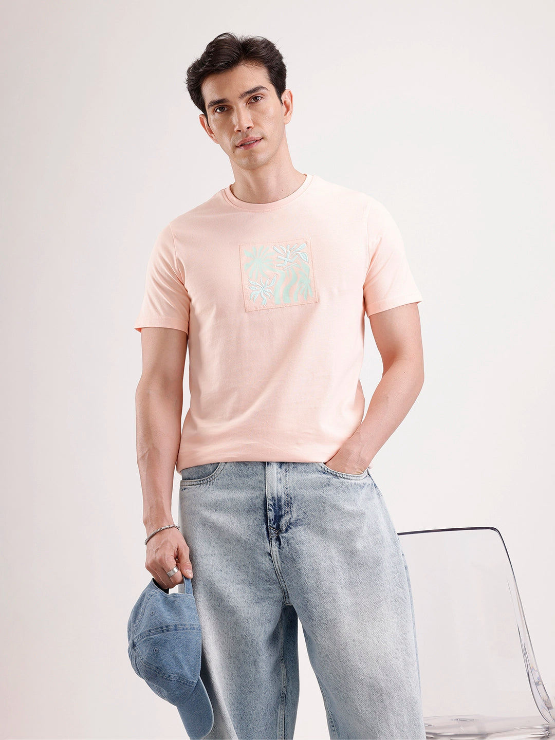 Classic Emroidered Patch T-Shirt | Peach
