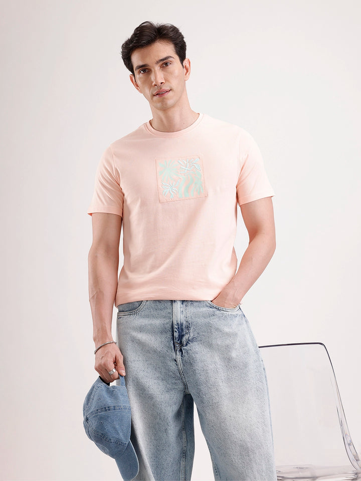 Classic Emroidered Patch T-Shirt   |  Peach