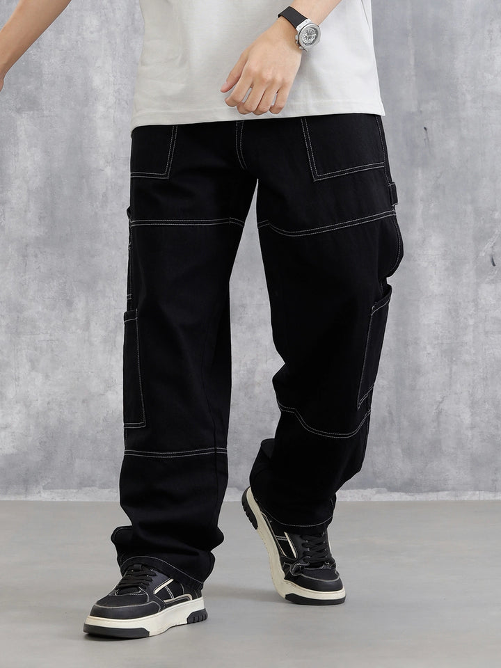 Utility Cargo Pants With Contrast Stitch | Black