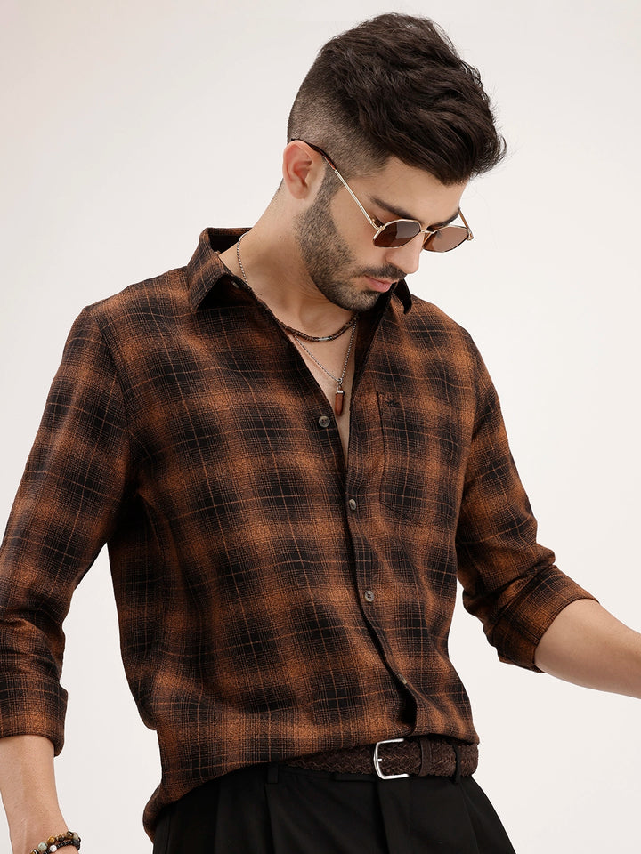 Classic Slim Fit Checkered Shirt | Brown