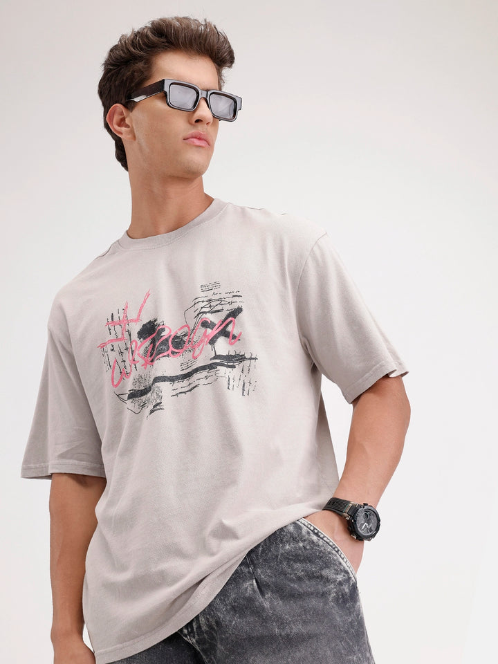Oversized Placement Printed T-Shirt | Grey
