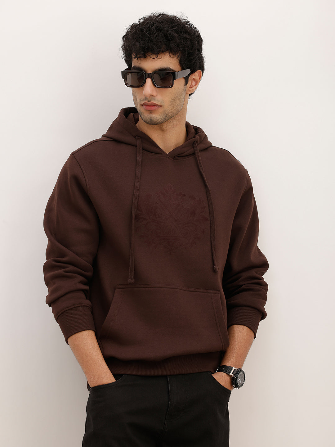 Solid Flock Printed Hooded Sweatshirt | Brown