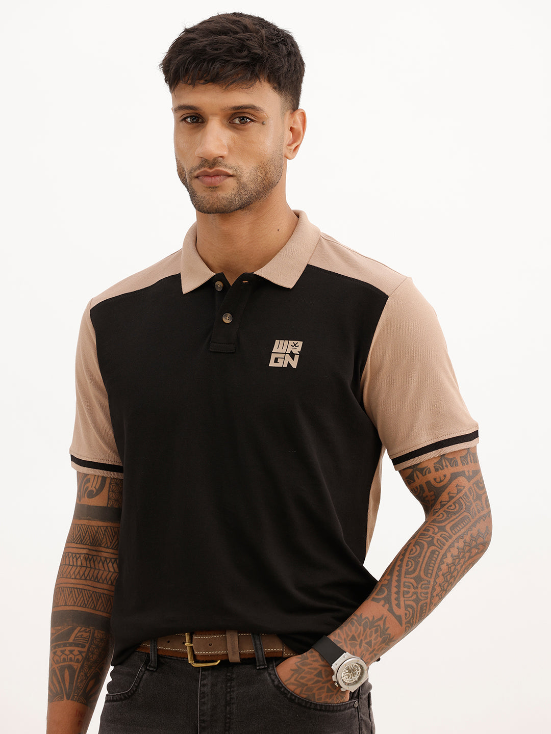 Slim Fit Panel Printed Polo T-Shirt | Beige