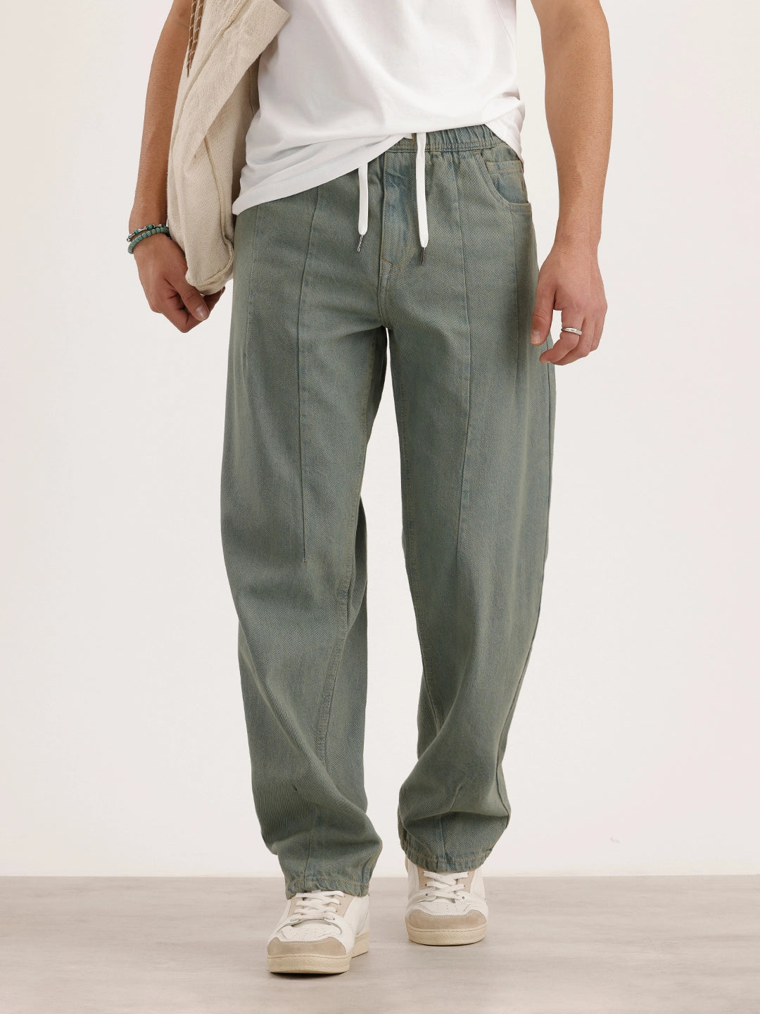 Loose Fit Pleated Denim Jeans | Olive