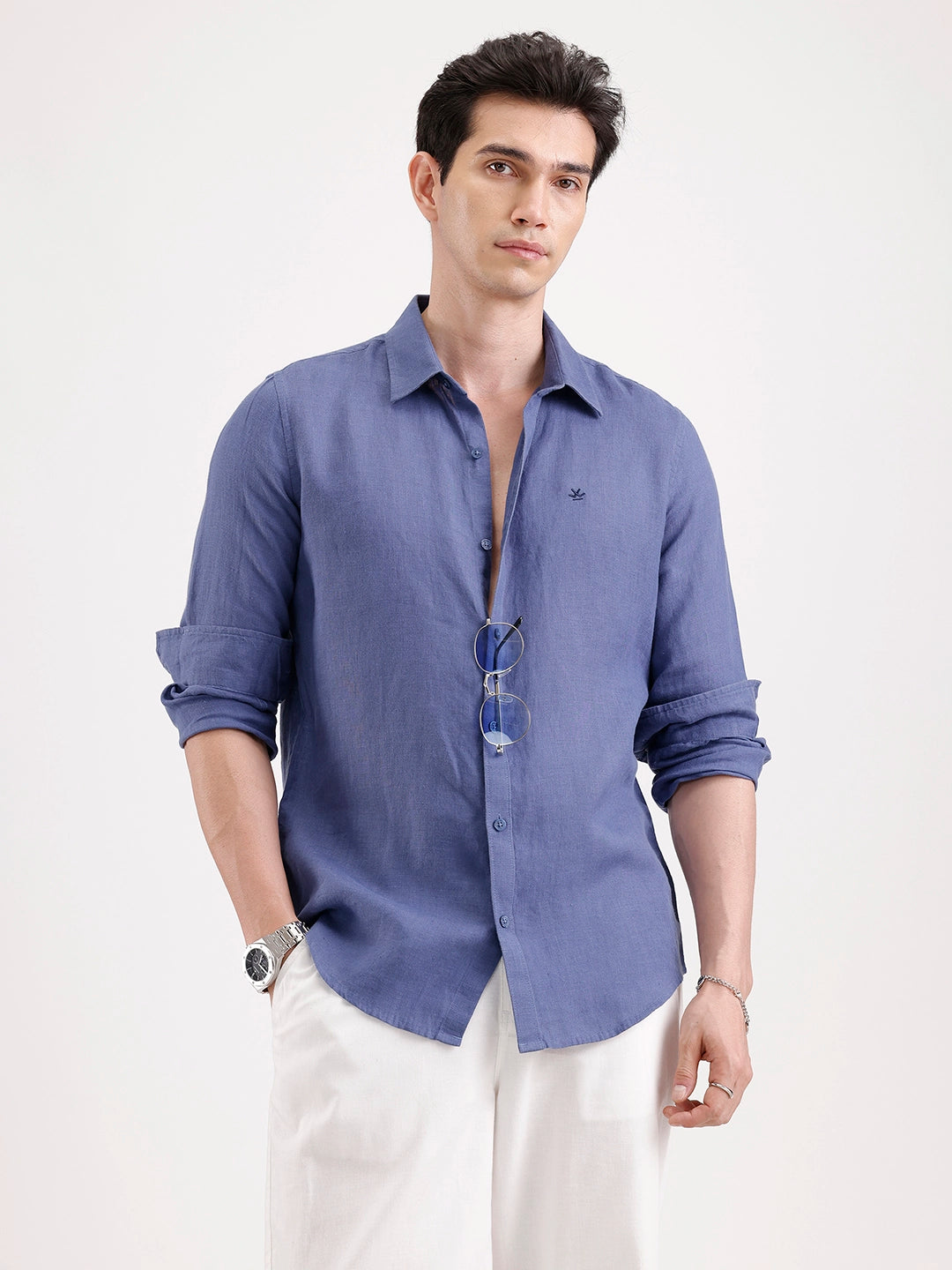 Solid Slim Fit Linen Blend Shirt  | Navy Blue