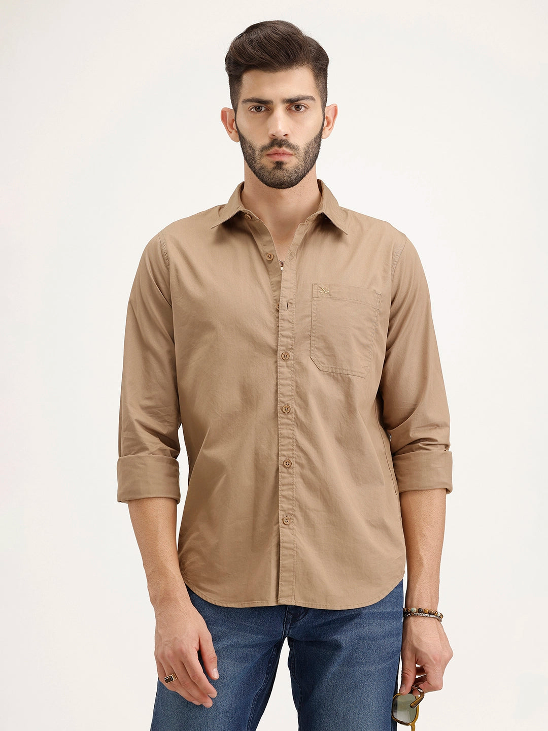 Solid Regular Fit Full Sleeve Shirt | Khaki