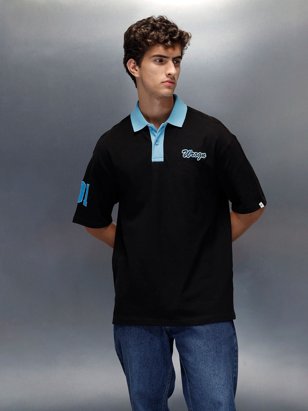 Oversized fit polo t-shirt with contrast collar | Black
