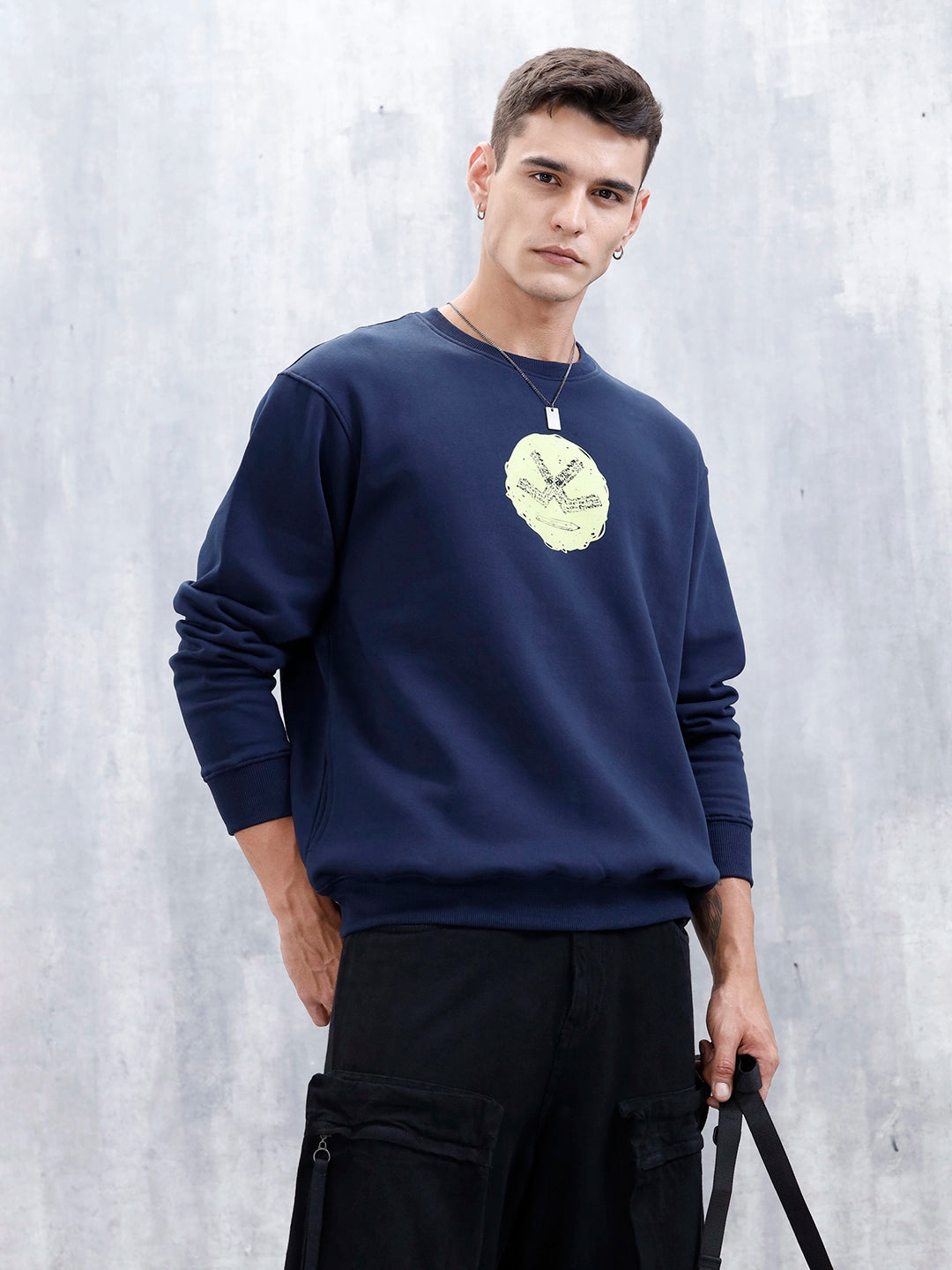 Wrogn Comfort Fit Graphic Sweatshirt For Men  | Navy Blue