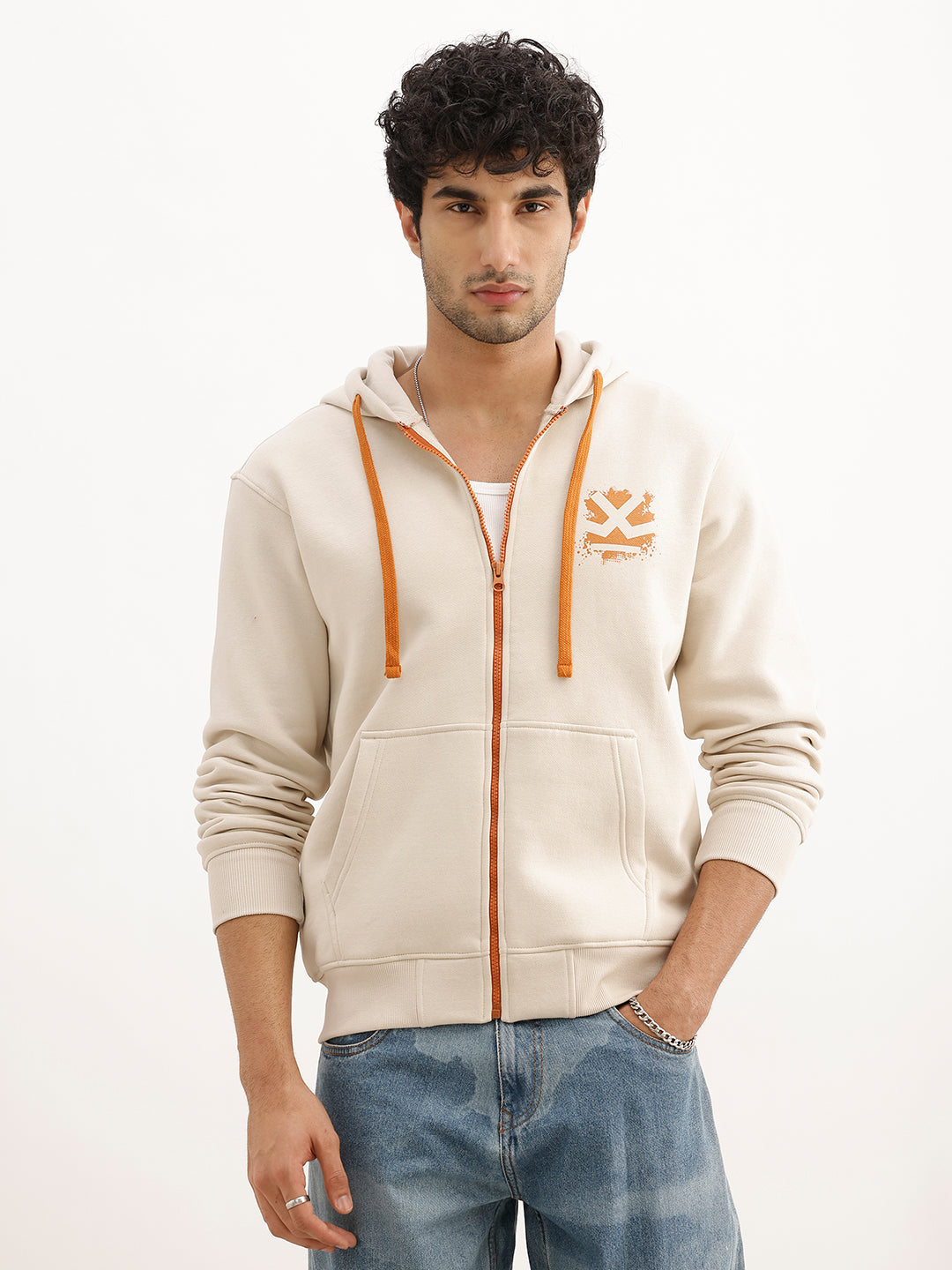 Classic Printed Zipper Hooded Sweatshirt | Beige