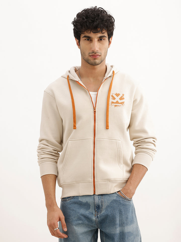 Classic Printed Zipper Hooded Sweatshirt | Beige