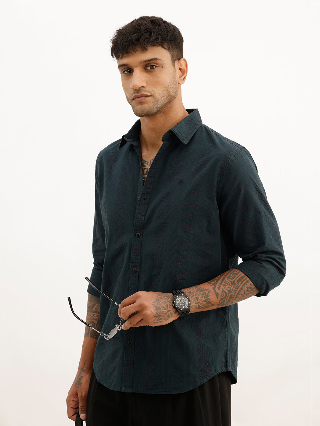 Slim Fit Textured Stripe Shirt | Dark Green