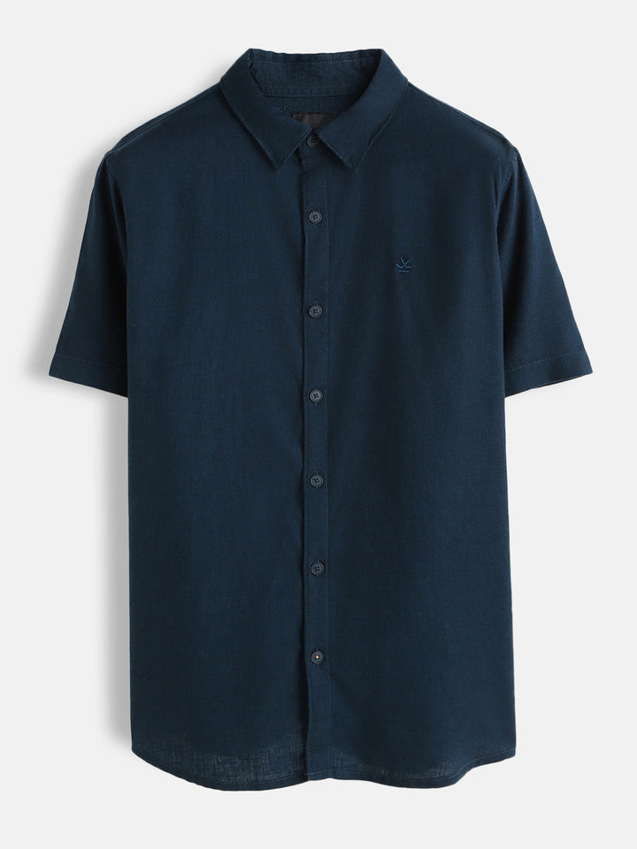 Solid Linen Blend Slim Fit Shirt  | Navy Blue