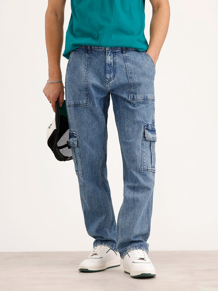 Relaxed Fit Cargo Denim Jeans | Light Blue