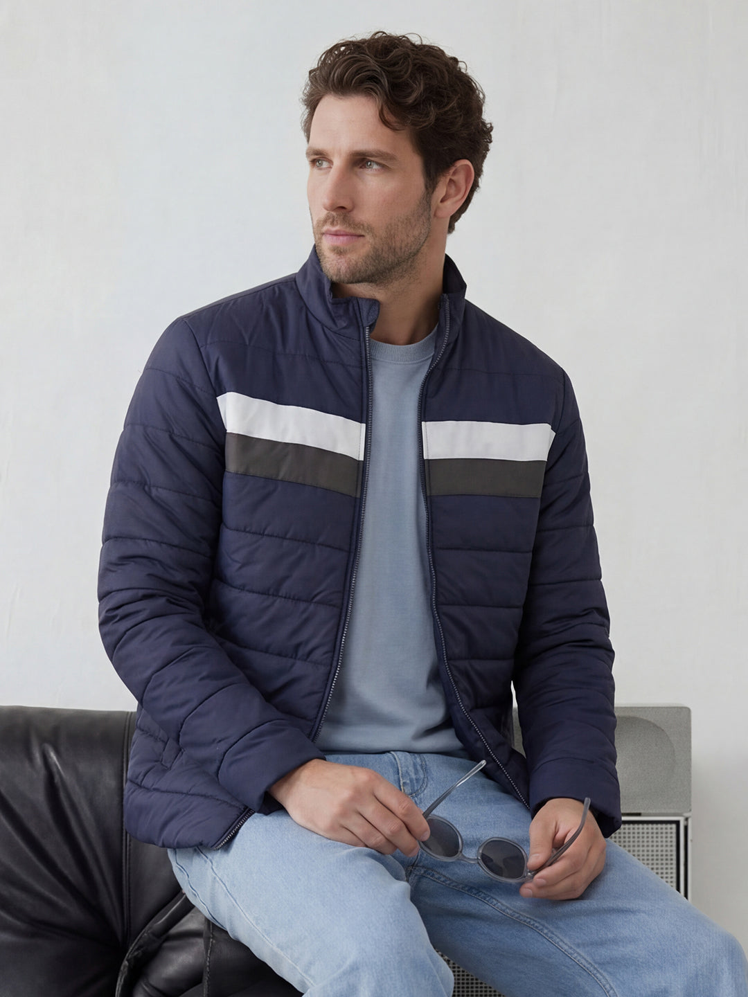 Solid Regular Fit Puffer Jacket | Dark Blue