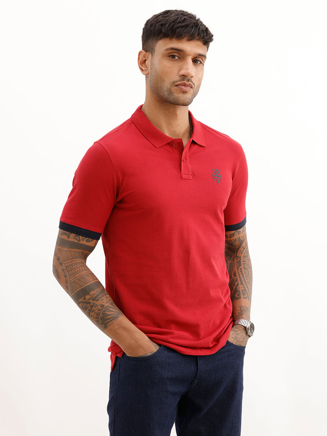 Classic Slim Fit Contrast Sleeve Polo T-Shirt | Red